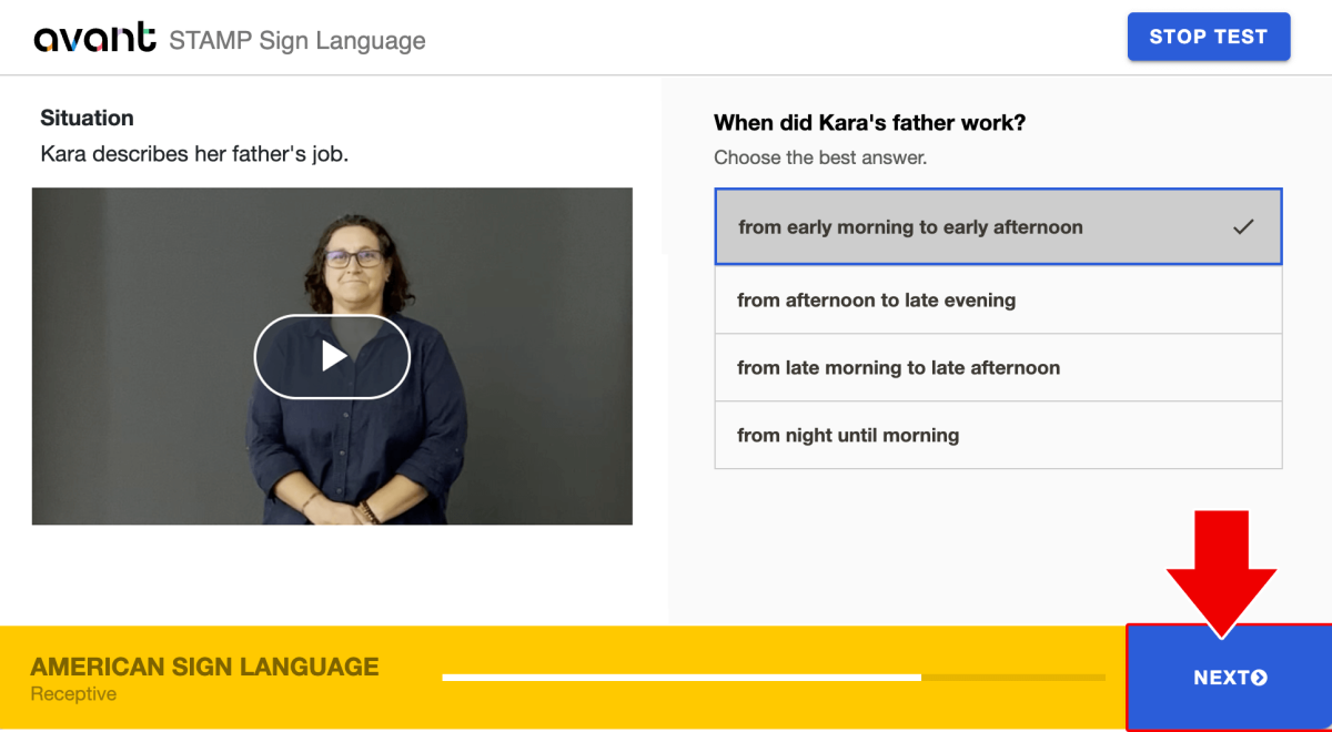 ASL Receptive click Next button.