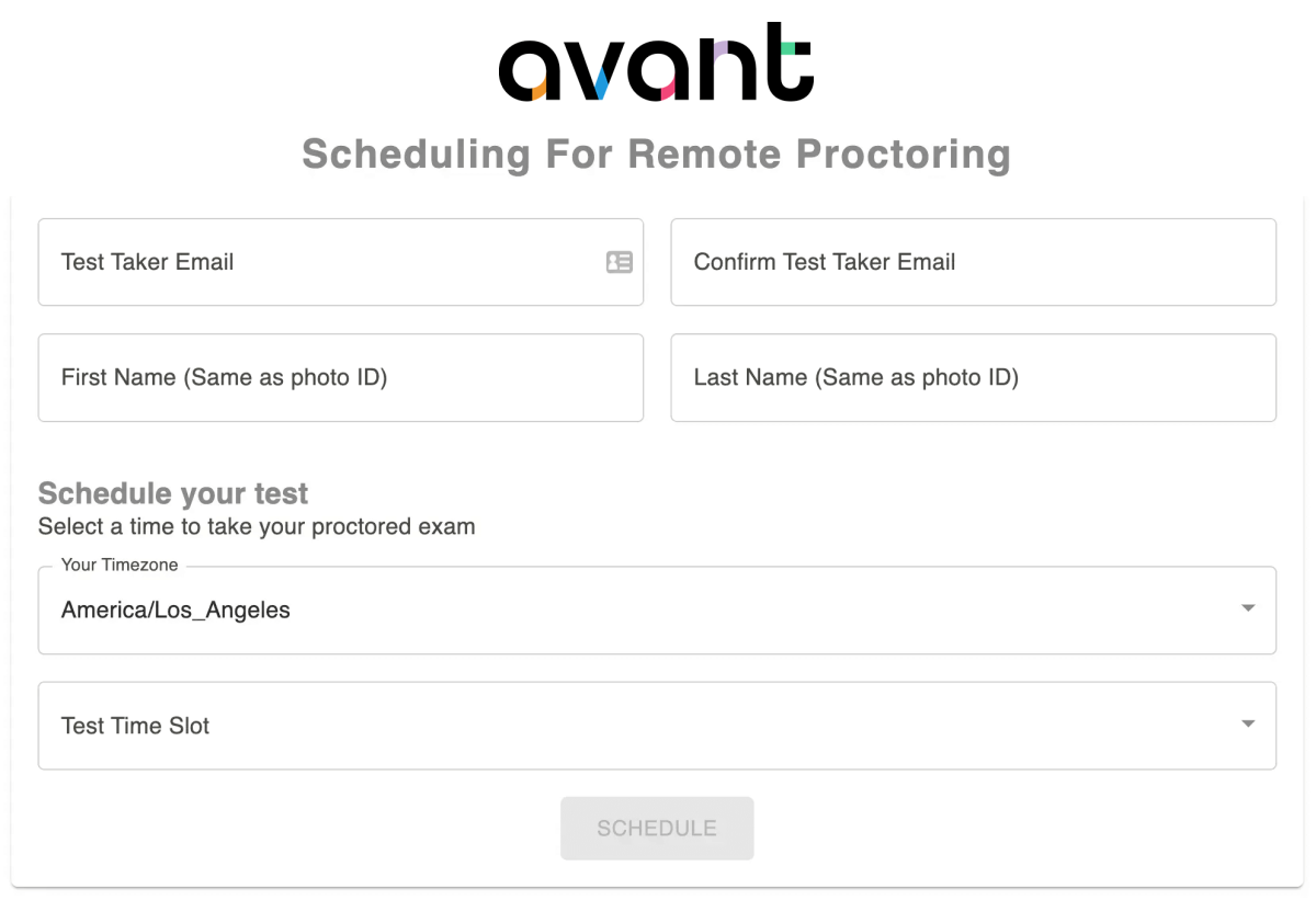 AvantProctor Scheduling screen.