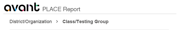 Avant PLACE Report header with breadcrumb navigation showing 'District/Organization > Class/Testing Group'.