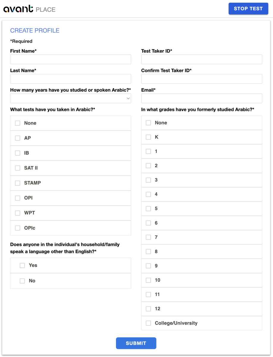 screenshot of the PLACE Create Profile form.