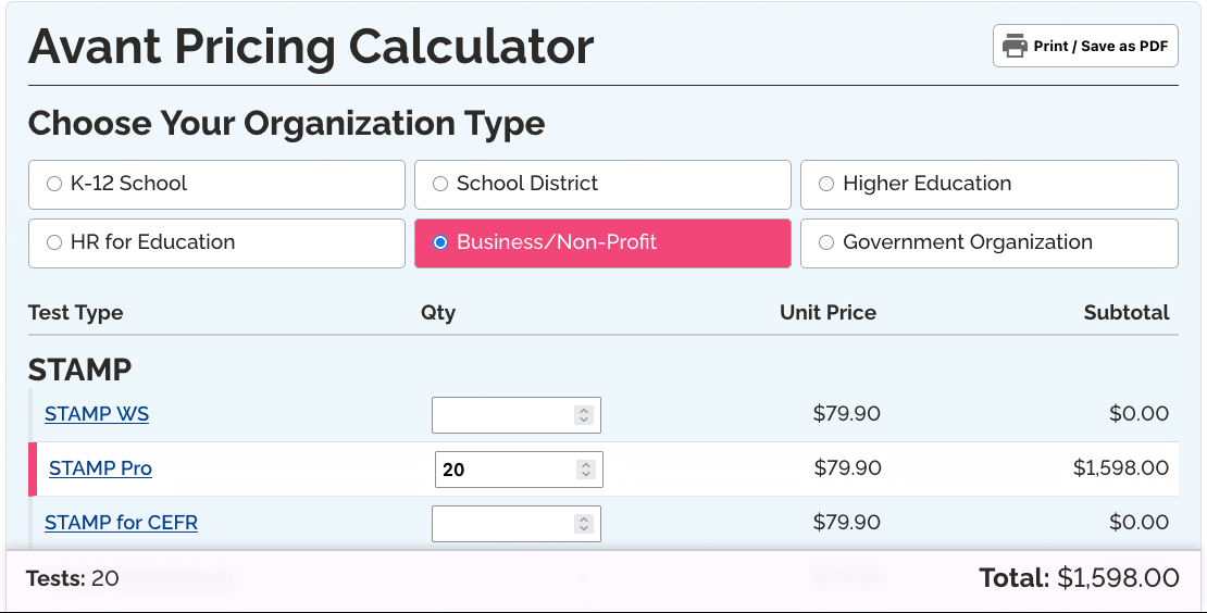 Pricing Calculator Screenshot