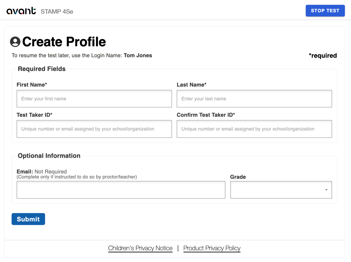 Avant STAMP 4Se Create Profile screen with fields for first name, last name, test taker ID, confirm ID, optional email, grade, and a Submit button. 'Stop Test' button in top right.