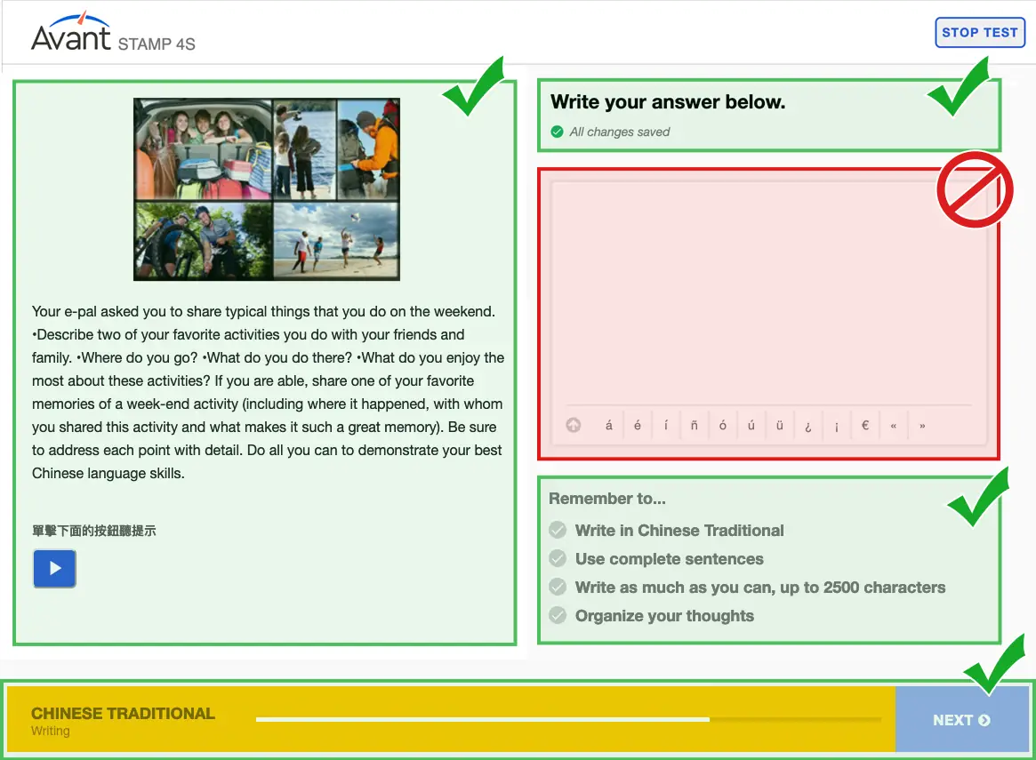 chart showing what sections can be assisted for the Writing section.