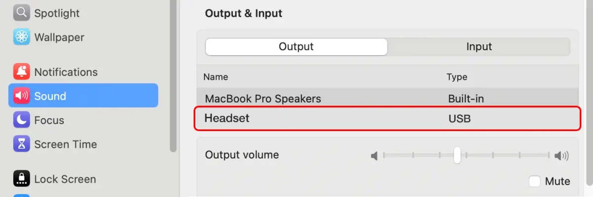 Mac Settings Headset output.